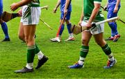 21 October 2023; A general view of shinty sticks and hurls as players parade before the 2023 Hurling Shinty International Game between Ireland and Scotland at Páirc Esler in Newry, Down. Photo by Piaras Ó Mídheach/Sportsfile