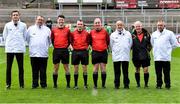21 October 2023; Referee Thomas Gleeson with his match officials before the 2023 Hurling Shinty International Game between Ireland and Scotland at Páirc Esler in Newry, Down. Photo by Piaras Ó Mídheach/Sportsfile
