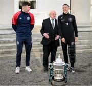 10 November 2023; President of Ireland Michael D Higgins receives 2023 Men's FAI Cup finalists Keith Buckley of Bohemians, right, and Joe Redmond of St Patrick's Athletic at Áras an Uachtaráin in the Phoenix Park, Dublin, ahead of the 2023 Sports Direct Men's FAI Cup Final to be held on Sunday at the Aviva Stadium in Dublin. Photo by Stephen McCarthy/Sportsfile