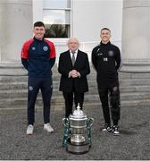 10 November 2023; President of Ireland Michael D Higgins receives 2023 Men's FAI Cup finalists Joe Redmond of St Patrick's Athletic, left, and Keith Buckley of Bohemians, right, at Áras an Uachtaráin in the Phoenix Park, Dublin, ahead of the 2023 Sports Direct Men's FAI Cup Final between Bohemians and St Patrick's Athletic to be held on Sunday at the Aviva Stadium in Dublin. Photo by Stephen McCarthy/Sportsfile