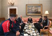 10 November 2023; President of Ireland Michael D Higgins receives representatives ahead of the 2023 Men's FAI Cup, from left, St Patrick's Athletic captain Joe Redmond and St Patrick's Athletic manager Jon Daly, League of Ireland director Mark Scanlon, FAI President Gerry McAnaney, Bohemians captain Keith Buckley and Bohemians manager Declan Devine at Áras an Uachtaráin in the Phoenix Park, Dublin, ahead of the 2023 Sports Direct Men's FAI Cup Final between Bohemians and St Patrick's Athletic to be held on Sunday at the Aviva Stadium in Dublin. Photo by Stephen McCarthy/Sportsfile