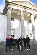 10 November 2023; President of Ireland Michael D Higgins receives representatives ahead of the 2023 Men's FAI Cup, from left, St Patrick's Athletic manager Jon Daly, St Patrick's Athletic captain Joe Redmond, League of Ireland director Mark Scanlon, FAI President Gerry McAnaney, Bohemians cpatain Keith Buckley and Bohemians manager Declan Devine at Áras an Uachtaráin in the Phoenix Park, Dublin, ahead of the 2023 Sports Direct Men's FAI Cup Final between Bohemians and St Patrick's Athletic to be held on Sunday at the Aviva Stadium in Dublin. Photo by Stephen McCarthy/Sportsfile