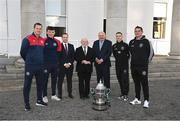 10 November 2023; President of Ireland Michael D Higgins receives representatives ahead of the 2023 Men's FAI Cup, from left, St Patrick's Athletic manager Jon Daly, St Patrick's Athletic captain Joe Redmond, League of Ireland director Mark Scanlon, FAI President Gerry McAnaney, Bohemians cpatain Keith Buckley and Bohemians manager Declan Devine at Áras an Uachtaráin in the Phoenix Park, Dublin, ahead of the 2023 Sports Direct Men's FAI Cup Final between Bohemians and St Patrick's Athletic to be held on Sunday at the Aviva Stadium in Dublin. Photo by Stephen McCarthy/Sportsfile