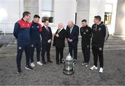 10 November 2023; President of Ireland Michael D Higgins receives representatives ahead of the 2023 Men's FAI Cup, from left, St Patrick's Athletic manager Jon Daly, St Patrick's Athletic captain Joe Redmond, League of Ireland director Mark Scanlon, FAI President Gerry McAnaney, Bohemians cpatain Keith Buckley and Bohemians manager Declan Devine at Áras an Uachtaráin in the Phoenix Park, Dublin, ahead of the 2023 Sports Direct Men's FAI Cup Final between Bohemians and St Patrick's Athletic to be held on Sunday at the Aviva Stadium in Dublin. Photo by Stephen McCarthy/Sportsfile