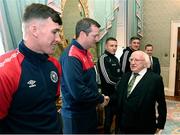 10 November 2023; President of Ireland Michael D Higgins receives 2023 Men's FAI Cup finalist St Patrick's Athletic manager Jon Daly and Joe Redmond, left, at Áras an Uachtaráin in the Phoenix Park, Dublin, ahead of the 2023 Sports Direct Men's FAI Cup Final between Bohemians and St Patrick's Athletic to be held on Sunday at the Aviva Stadium in Dublin. Photo by Stephen McCarthy/Sportsfile