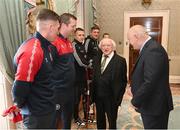 10 November 2023; President of Ireland Michael D Higgins receives 2023 Men's FAI Cup finalists and FAI representatives, from left, St Patrick's Athletic captain Joe Redmond, St Patrick's Athletic manager Jon Daly, Bohemians captain Keith Buckley, Bohemians manager Declan Devine, League of Ireland director Mark Scanlon and FAI President Gerry McAnaney, right, at Áras an Uachtaráin in the Phoenix Park, Dublin, ahead of the 2023 Sports Direct Men's FAI Cup Final between Bohemians and St Patrick's Athletic to be held on Sunday at the Aviva Stadium in Dublin. Photo by Stephen McCarthy/Sportsfile