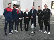 10 November 2023; President of Ireland Michael D Higgins receives representatives ahead of the 2023 Men's FAI Cup, from left, St Patrick's Athletic manager Jon Daly, St Patrick's Athletic captain Joe Redmond, League of Ireland director Mark Scanlon, FAI President Gerry McAnaney, Bohemians cpatain Keith Buckley and Bohemians manager Declan Devine at Áras an Uachtaráin in the Phoenix Park, Dublin, ahead of the 2023 Sports Direct Men's FAI Cup Final between Bohemians and St Patrick's Athletic to be held on Sunday at the Aviva Stadium in Dublin. Photo by Stephen McCarthy/Sportsfile