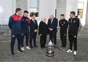 10 November 2023; President of Ireland Michael D Higgins receives representatives ahead of the 2023 Men's FAI Cup, from left, St Patrick's Athletic manager Jon Daly, St Patrick's Athletic captain Joe Redmond, League of Ireland director Mark Scanlon, FAI President Gerry McAnaney, Bohemians cpatain Keith Buckley and Bohemians manager Declan Devine at Áras an Uachtaráin in the Phoenix Park, Dublin, ahead of the 2023 Sports Direct Men's FAI Cup Final between Bohemians and St Patrick's Athletic to be held on Sunday at the Aviva Stadium in Dublin. Photo by Stephen McCarthy/Sportsfile