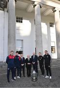 10 November 2023; President of Ireland Michael D Higgins receives representatives ahead of the 2023 Men's FAI Cup, from left, St Patrick's Athletic manager Jon Daly, St Patrick's Athletic captain Joe Redmond, League of Ireland director Mark Scanlon, FAI President Gerry McAnaney, Bohemians cpatain Keith Buckley and Bohemians manager Declan Devine at Áras an Uachtaráin in the Phoenix Park, Dublin, ahead of the 2023 Sports Direct Men's FAI Cup Final between Bohemians and St Patrick's Athletic to be held on Sunday at the Aviva Stadium in Dublin. Photo by Stephen McCarthy/Sportsfile