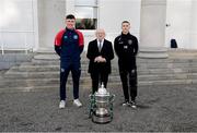 10 November 2023; President of Ireland Michael D Higgins receives 2023 Men's FAI Cup finalists Keith Buckley of Bohemians, right, and Joe Redmond of St Patrick's Athletic at Áras an Uachtaráin in the Phoenix Park, Dublin, ahead of the 2023 Sports Direct Men's FAI Cup Final to be held on Sunday at the Aviva Stadium in Dublin. Photo by Stephen McCarthy/Sportsfile