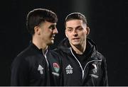 10 November 2023; Ruairi Keating, right, and Barry Coffey of Cork City before the SSE Airtricity Men's Premier Division Promotion / Relegation play-off match between Waterford and Cork City at Tallaght Stadium in Dublin. Photo by Stephen McCarthy/Sportsfile