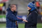10 November 2023; Munster head coach Graham Rowntree, left, and Ulster head coach Dan McFarland before the United Rugby Championship match between Ulster and Munster at Kingspan Stadium in Belfast. Photo by Ramsey Cardy/Sportsfile
