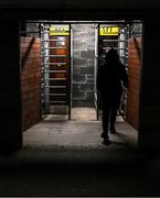 10 November 2023; A Waterford supporter makes their way into the stadium before the SSE Airtricity Men's Promotion / Relegation play-off match between Waterford and Cork City at Tallaght Stadium in Dublin. Photo by Tyler Miller/Sportsfile