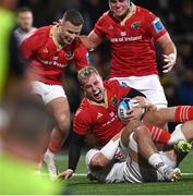 10 November 2023; Craig Casey of Munster celebrates with Shane Daly, left, after scoring their side's first try during the United Rugby Championship match between Ulster and Munster at Kingspan Stadium in Belfast. Photo by Ramsey Cardy/Sportsfile
