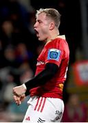 10 November 2023; Craig Casey of Munster celebrates after scoring his side's first try during the United Rugby Championship match between Ulster and Munster at Kingspan Stadium in Belfast. Photo by Ramsey Cardy/Sportsfile