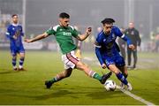10 November 2023; Connor Parsons of Waterford is tackled by Aaron Bolger of Cork City during the SSE Airtricity Men's Premier Division Promotion / Relegation play-off match between Waterford and Cork City at Tallaght Stadium in Dublin. Photo by Stephen McCarthy/Sportsfile