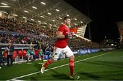 10 November 2023; Fineen Wycherley of Munster runs out before the United Rugby Championship match between Ulster and Munster at Kingspan Stadium in Belfast. Photo by Ramsey Cardy/Sportsfile
