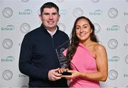 10 November 2023; Personality of the Year recipient, Cork camogie player Amy O’Connor with Danny Morrissey and her award at the Gaelic Writers’ Association Awards, supported by EirGrid, at the Iveagh Garden Hotel in Dublin. Photo by Brendan Moran/Sportsfile