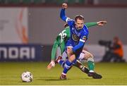 10 November 2023; Rowan McDonald of Waterford is tackled by Conor Drinan of Cork City during the SSE Airtricity Men's Promotion / Relegation play-off match between Waterford and Cork City at Tallaght Stadium in Dublin. Photo by Tyler Miller/Sportsfile