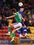 10 November 2023; Ronan Coughlan of Waterford in action against Andrii Kravchuk of Cork City during the SSE Airtricity Men's Promotion / Relegation play-off match between Waterford and Cork City at Tallaght Stadium in Dublin. Photo by Tyler Miller/Sportsfile