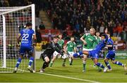 10 November 2023; Derik Osede of Waterford has a shot on goal saved by Cork City goalkeeper Tiernan Brooks during the SSE Airtricity Men's Premier Division Promotion / Relegation play-off match between Waterford and Cork City at Tallaght Stadium in Dublin. Photo by Stephen McCarthy/Sportsfile