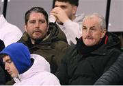 10 November 2023; Galway United manager John Caulfield, right, and Derry City manager Ruaidhrí Higgins during the SSE Airtricity Men's Premier Division Promotion / Relegation play-off match between Waterford and Cork City at Tallaght Stadium in Dublin. Photo by Stephen McCarthy/Sportsfile