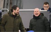 10 November 2023; Galway United manager John Caulfield, right, and Derry City manager Ruaidhrí Higgins during the SSE Airtricity Men's Premier Division Promotion / Relegation play-off match between Waterford and Cork City at Tallaght Stadium in Dublin. Photo by Stephen McCarthy/Sportsfile