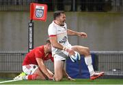 10 November 2023; Jacob Stockdale of Ulster celebrates after scoring his side's first try during the United Rugby Championship match between Ulster and Munster at Kingspan Stadium in Belfast. Photo by Seb Daly/Sportsfile