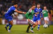 10 November 2023; Ben Worman of Cork City in action against Giles Ene Malachi Phillips of Waterford during the SSE Airtricity Men's Promotion / Relegation play-off match between Waterford and Cork City at Tallaght Stadium in Dublin. Photo by Tyler Miller/Sportsfile
