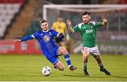 10 November 2023; Aaron Bolger of Cork City in action against Barry Crowe Baggley of Waterford during the SSE Airtricity Men's Premier Division Promotion / Relegation play-off match between Waterford and Cork City at Tallaght Stadium in Dublin. Photo by Stephen McCarthy/Sportsfile