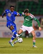 10 November 2023; Roland Idowu of Waterford in action against John O'Donovan of Cork City during the SSE Airtricity Men's Promotion / Relegation play-off match between Waterford and Cork City at Tallaght Stadium in Dublin. Photo by Tyler Miller/Sportsfile