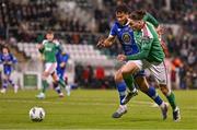 10 November 2023; Ruairi Keating of Cork City in action against Giles Ene Malachi Phillips of Waterford during the SSE Airtricity Men's Promotion / Relegation play-off match between Waterford and Cork City at Tallaght Stadium in Dublin. Photo by Tyler Miller/Sportsfile