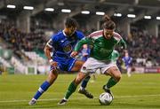 10 November 2023; Ruairi Keating of Cork City in action against Giles Ene Malachi Phillips of Waterford during the SSE Airtricity Men's Promotion / Relegation play-off match between Waterford and Cork City at Tallaght Stadium in Dublin. Photo by Tyler Miller/Sportsfile