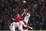 10 November 2023; Rob Baloucoune of Ulster and Seán O’Brien of Munster contest a high ball during the United Rugby Championship match between Ulster and Munster at Kingspan Stadium in Belfast. Photo by Seb Daly/Sportsfile
