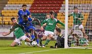 10 November 2023; Romeo Akachukwu of Waterford has attempt on goal blocked by Joshua Honohan of Cork City during the SSE Airtricity Men's Promotion / Relegation play-off match between Waterford and Cork City at Tallaght Stadium in Dublin. Photo by Tyler Miller/Sportsfile