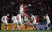 10 November 2023; Kieran Treadwell of Ulster takes possession in a lineout and offloads to teammate Nathan Doak, right, during the United Rugby Championship match between Ulster and Munster at Kingspan Stadium in Belfast. Photo by Seb Daly/Sportsfile