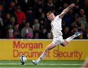 10 November 2023; Nathan Doak of Ulster kicks a conversion during the United Rugby Championship match between Ulster and Munster at Kingspan Stadium in Belfast. Photo by Ramsey Cardy/Sportsfile