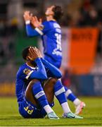 10 November 2023; Roland Idowu of Waterford reacts after a missed opportunity on goal during the SSE Airtricity Men's Promotion / Relegation play-off match between Waterford and Cork City at Tallaght Stadium in Dublin. Photo by Tyler Miller/Sportsfile