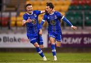 10 November 2023; Connor Parsons of Waterford, right, celebrates with team-mate Ronan Coughlan after scoring their side's first goal during the SSE Airtricity Men's Promotion / Relegation play-off match between Waterford and Cork City at Tallaght Stadium in Dublin. Photo by Tyler Miller/Sportsfile