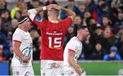 10 November 2023; Rob Herring, left, and John Cooney of Ulster celebrate at the final whistle of the United Rugby Championship match between Ulster and Munster at Kingspan Stadium in Belfast. Photo by Ramsey Cardy/Sportsfile