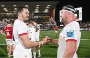10 November 2023; Jacob Stockdale, left, and Rob Herring of Ulster after the United Rugby Championship match between Ulster and Munster at Kingspan Stadium in Belfast. Photo by Ramsey Cardy/Sportsfile