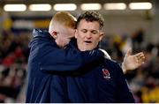 10 November 2023; Nathan Doak, left, and Billy Burns of Ulster celebrate after the United Rugby Championship match between Ulster and Munster at Kingspan Stadium in Belfast. Photo by Ramsey Cardy/Sportsfile
