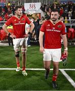 10 November 2023; John Hodnett, right, and Tom Ahern of Munster after their defeat in the United Rugby Championship match between Ulster and Munster at Kingspan Stadium in Belfast. Photo by Ramsey Cardy/Sportsfile