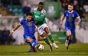 10 November 2023; Tunde Owolabi of Cork City is tackled by Giles Ene Malachi Phillips of Waterford during the SSE Airtricity Men's Promotion / Relegation play-off match between Waterford and Cork City at Tallaght Stadium in Dublin. Photo by Tyler Miller/Sportsfile