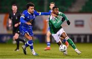 10 November 2023; Tunde Owolabi of Cork City in action against Derik Osede of Waterford during the SSE Airtricity Men's Promotion / Relegation play-off match between Waterford and Cork City at Tallaght Stadium in Dublin. Photo by Tyler Miller/Sportsfile