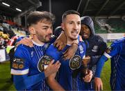 10 November 2023; Ronan Coughlan of Waterford and team-mates celebrate after he scored their second goal during the SSE Airtricity Men's Premier Division Promotion / Relegation play-off match between Waterford and Cork City at Tallaght Stadium in Dublin. Photo by Stephen McCarthy/Sportsfile