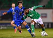 10 November 2023; Tunde Owolabi of Cork City in action against Derik Osede of Waterford during the SSE Airtricity Men's Promotion / Relegation play-off match between Waterford and Cork City at Tallaght Stadium in Dublin. Photo by Tyler Miller/Sportsfile