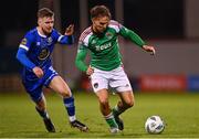 10 November 2023; Ben Worman of Cork City in action against Barry Crowe Baggley of Waterford during the SSE Airtricity Men's Promotion / Relegation play-off match between Waterford and Cork City at Tallaght Stadium in Dublin. Photo by Tyler Miller/Sportsfile