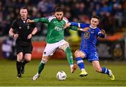 10 November 2023; Jaze Kabia of Cork City is tackled by Dean McMenamy of Waterford during the SSE Airtricity Men's Premier Division Promotion / Relegation play-off match between Waterford and Cork City at Tallaght Stadium in Dublin. Photo by Stephen McCarthy/Sportsfile