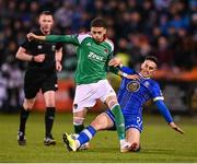 10 November 2023; Jaze Kabia of Cork City is tackled by Dean McMenamy of Waterford during the SSE Airtricity Men's Premier Division Promotion / Relegation play-off match between Waterford and Cork City at Tallaght Stadium in Dublin. Photo by Stephen McCarthy/Sportsfile